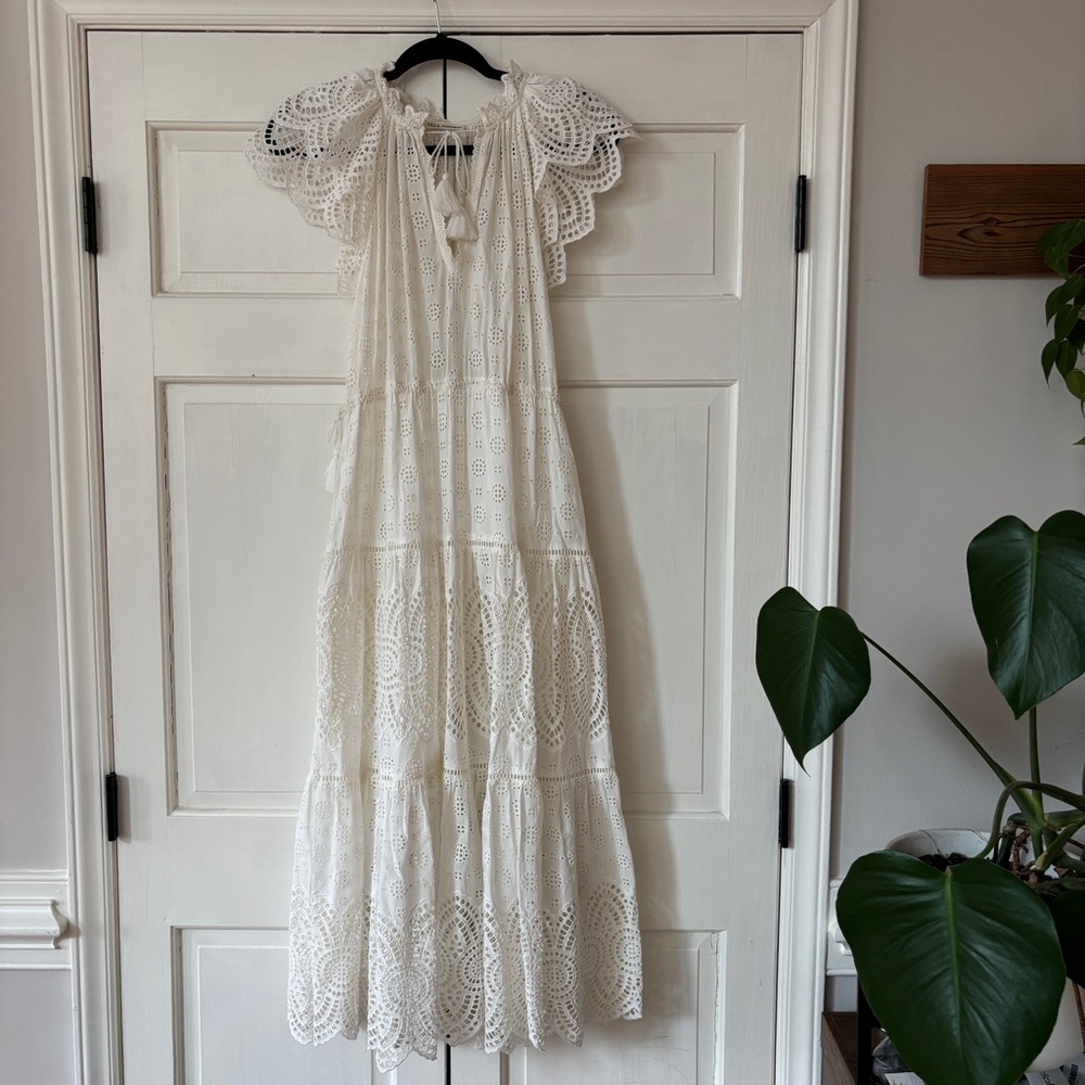 Ulla Johnson Gianna White Eyelet Midi Dress Size 0 XS Tiered Tasseled Boho Bride - Picture 13 of 16